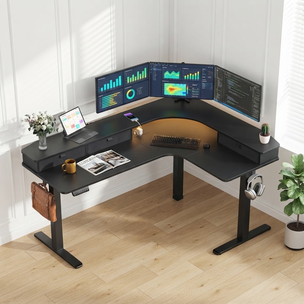 Bureau électrique en forme de  - Dual Monitor Desk Setup avis et prix